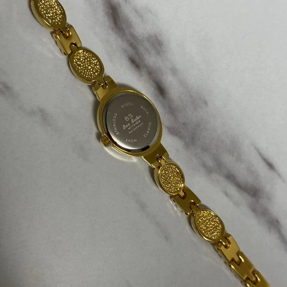 Sku0461‎ gold mini watch bracelet with brown natural stone inserts vintage style